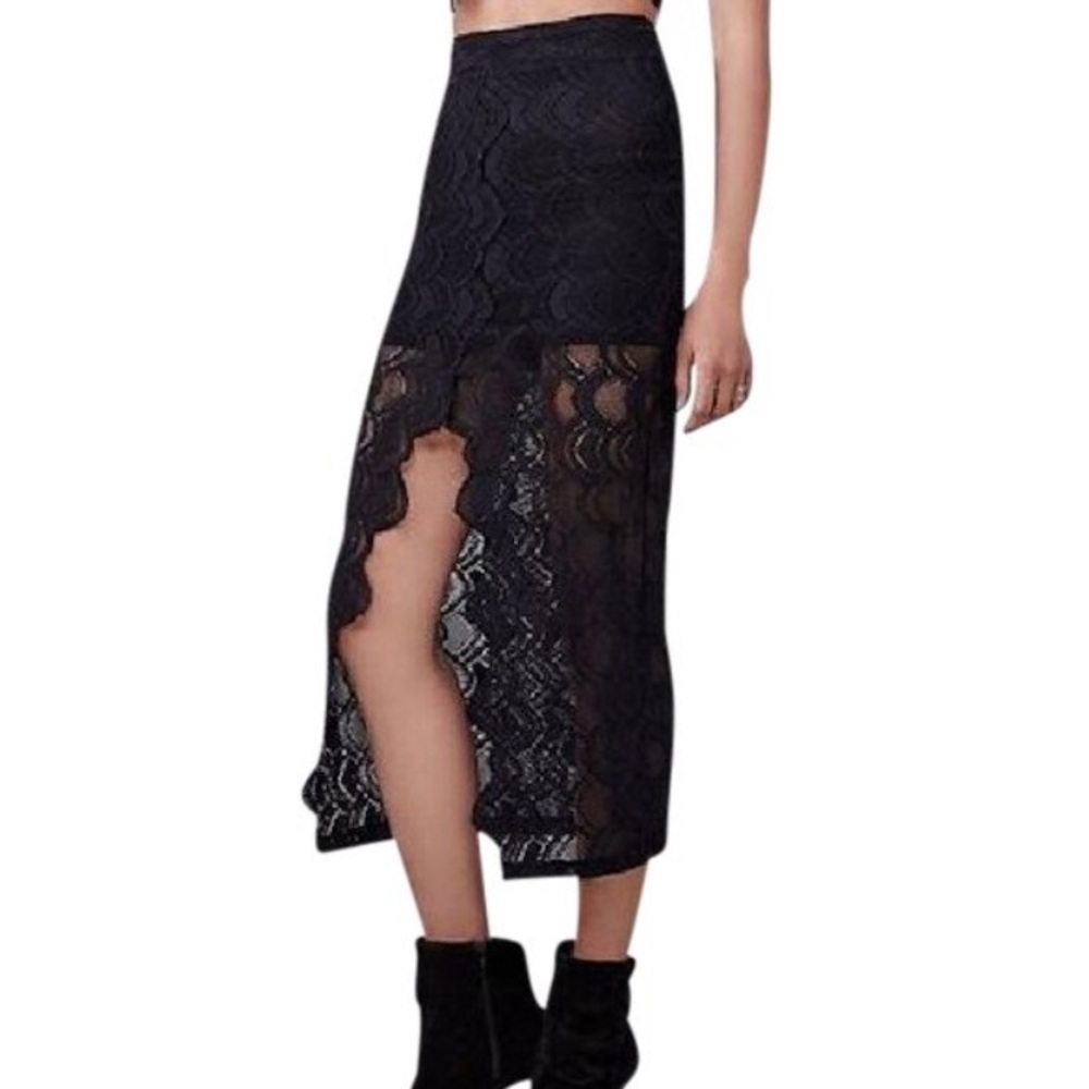 Black lace midi skirt